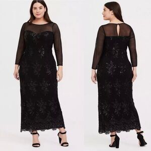 Torrid Special Occasion Black Sequin & Mesh Gown‎ Sweatheart Neckline 3/4 Sleeve